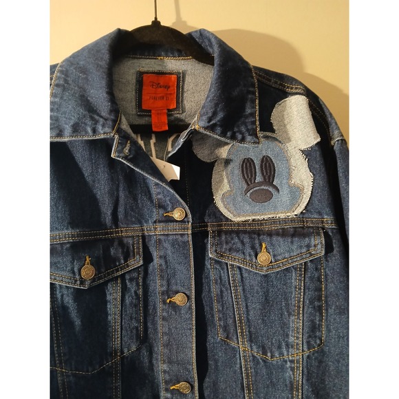 Disney Forever 21 Mickey Mouse Denim Jacket Blue Oversized Patchwork Womens S - Picture 5 of 10